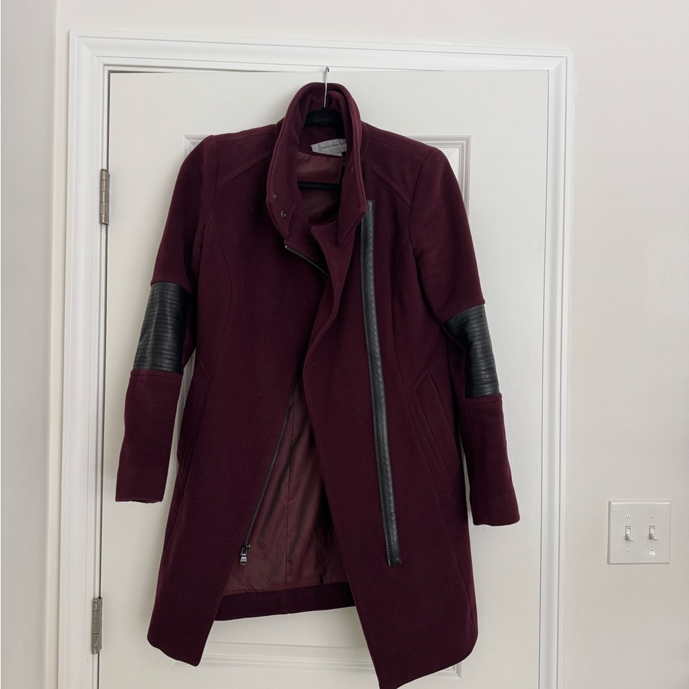 Women's Burgundy Wool Coat with Leather Accents